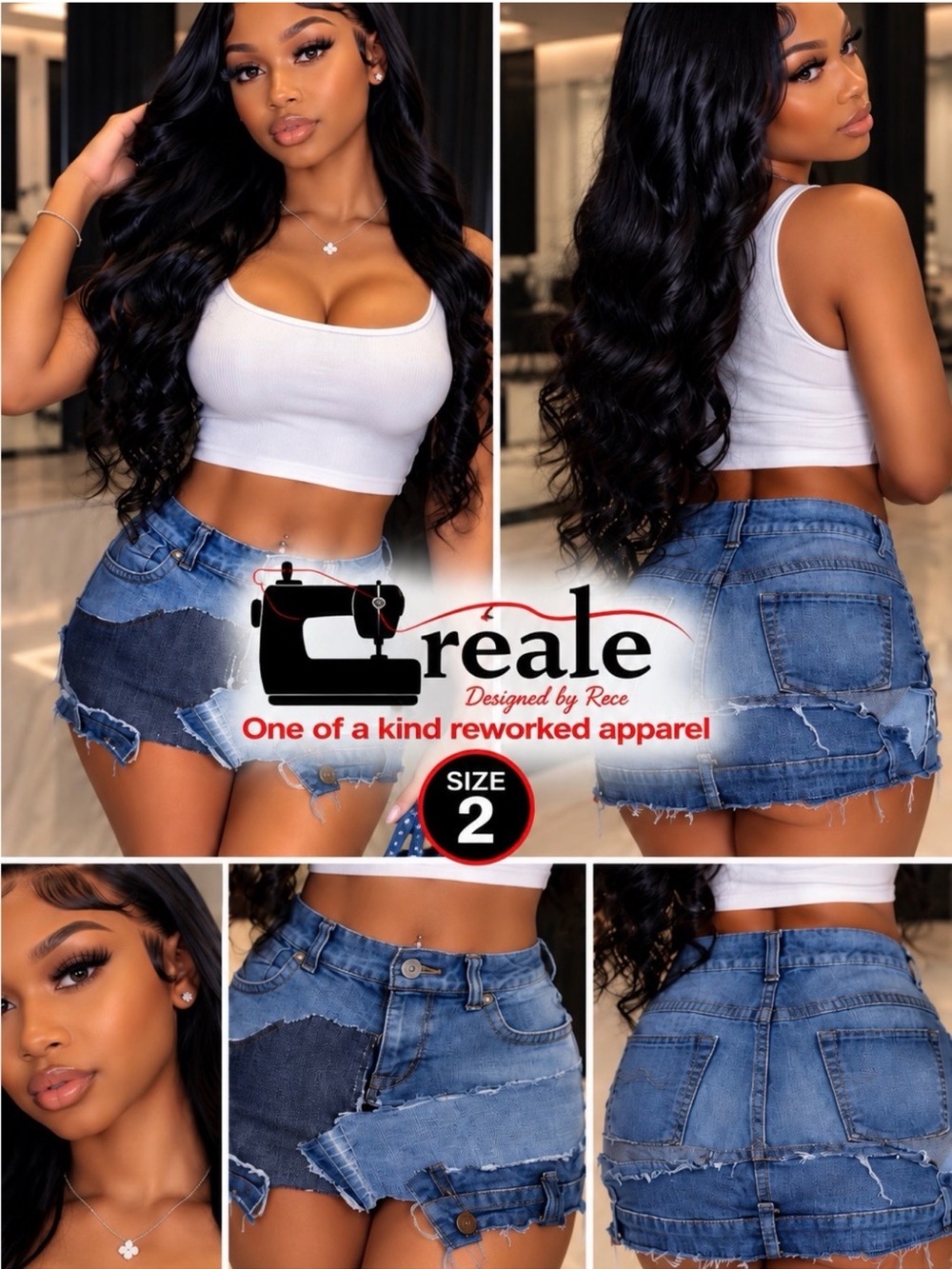 Custom Distressed Patchwork Denim mini skirt overlay - Blue